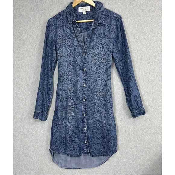 cloth & stone Dresses & Skirts - Cloth & Stone Anthro XS Shirt Dress Blue Medallion Tencel Button Down Tie Waist